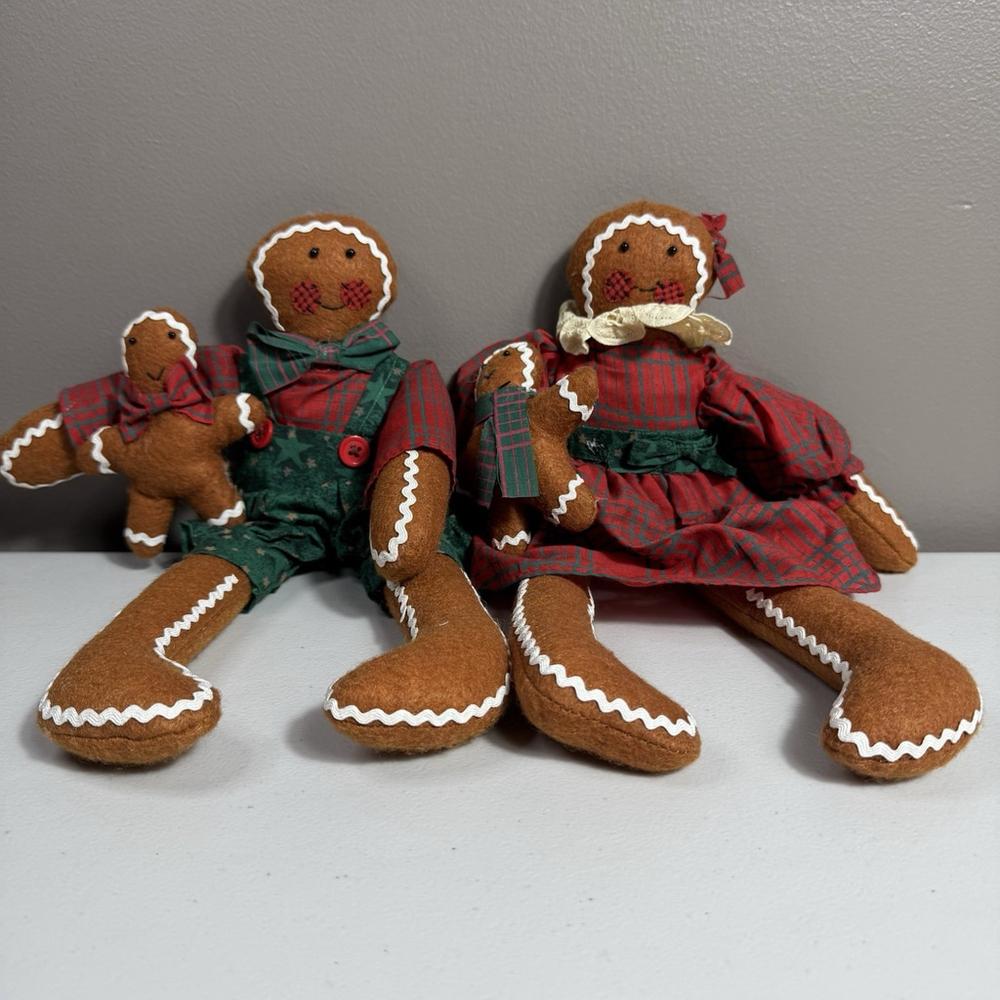 Vintage Stuffed Gingerbread Family Boy Girl Christmas Holiday Decor Farmhouse - Picture 1 of 9